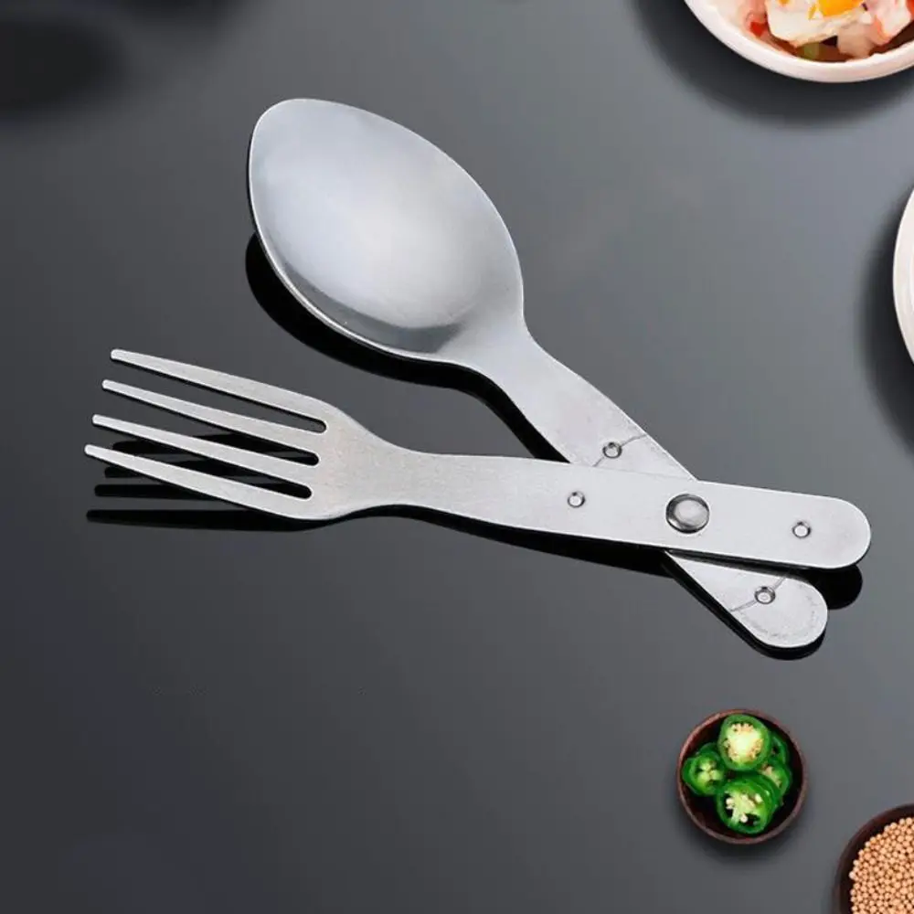 Cutlery 304 Stainless Steel 2-in-1 Foldable Fork Space-saving Portable Camping Spoon Silver Spoon & Fork Traveling