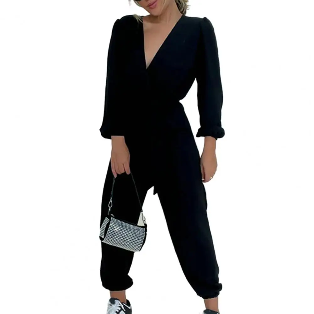 

Casual Jumpsuit Women High Waist Belt V-neck Long Sleeve Solid Color Slim Fit Long Romper One-piece Outfit Women Streetwear