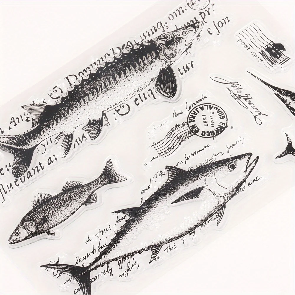 11*16CM Ocean Theme Series Silicone Clear Stamps for Junk Journal Decorative Scrapbooking Album Planner Supplies Fish Text Stamp