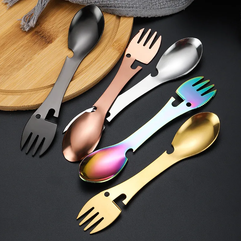

Stainless Steel Portable Multifunctional Knife Fork Spoon Bottle Opene Cutlery Outdoor Camping Picnic Buckle EDC Tool Key Fob