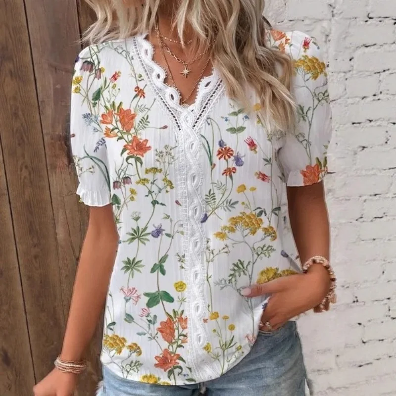 New Fashion Spring and Summer V-Neck Lace Hollow Women's Short Sleeve Printed Shirt Elegant Lace Stitching Blouse office woman