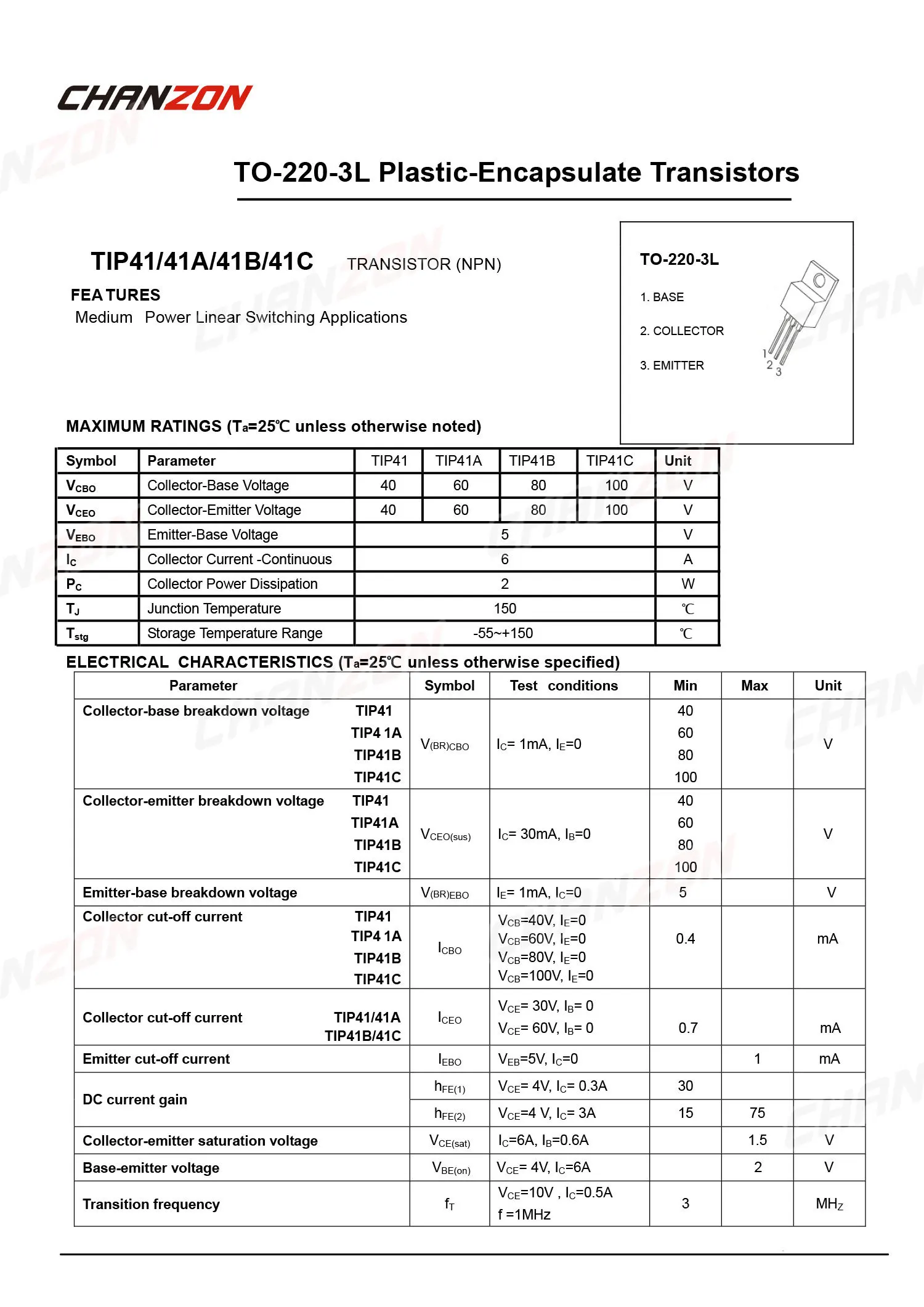10pcs TIP41C TO-220 NPN Darlington Power Transistor Bipolar Junction BJT Powerful Triode Tube Fets 6A 100V Integrated Circuits