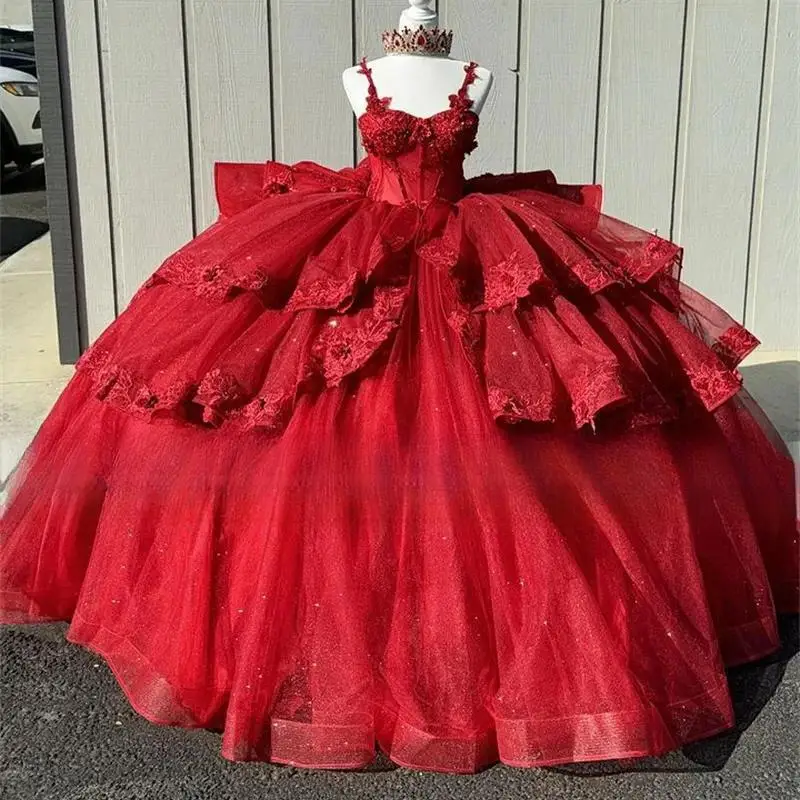 

Red Sparkly Princess Quinceanera Dresses Floral Applique Boning Corset 2024 Prom Lace Up vestidos de 15 quinceañera