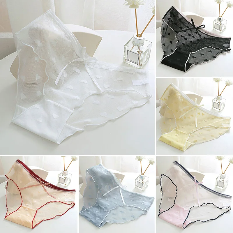 

Summer Sweet Girl Ultra-thin Bow Underwear Ruffled Underpants Mid-Waist Love Mesh Briefs Lace Panties Lingerie Breathable