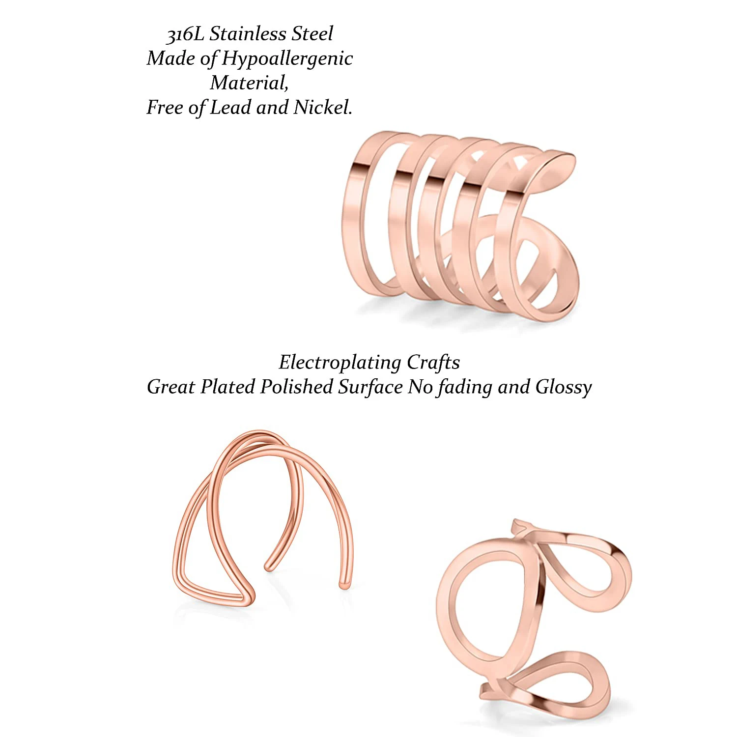 2-20pcs Rosegold Stainless Steel Adjustable Non-Piercing Cartilage Clip On Wrap Earrings Fake Helix Ear Cuff Fake Lip Nose Ring