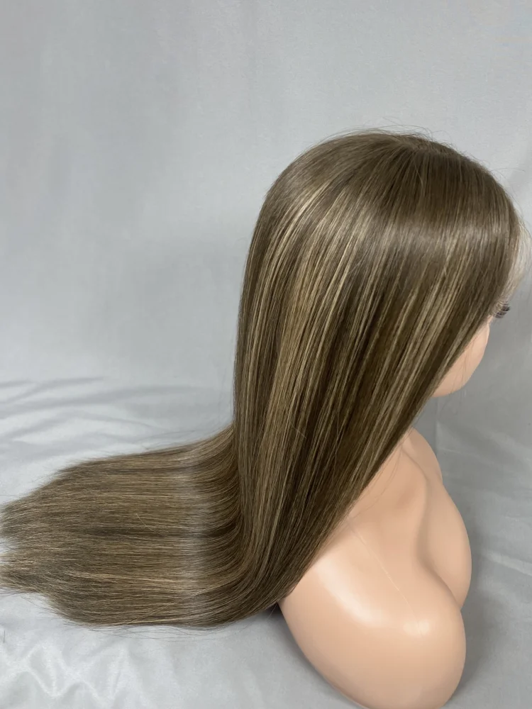Gorgeous Lace Frontal Human Hair Wig Straight Long Hair Medium Brown Color with Highlights HD lace Top Kosher Jewish Wigs