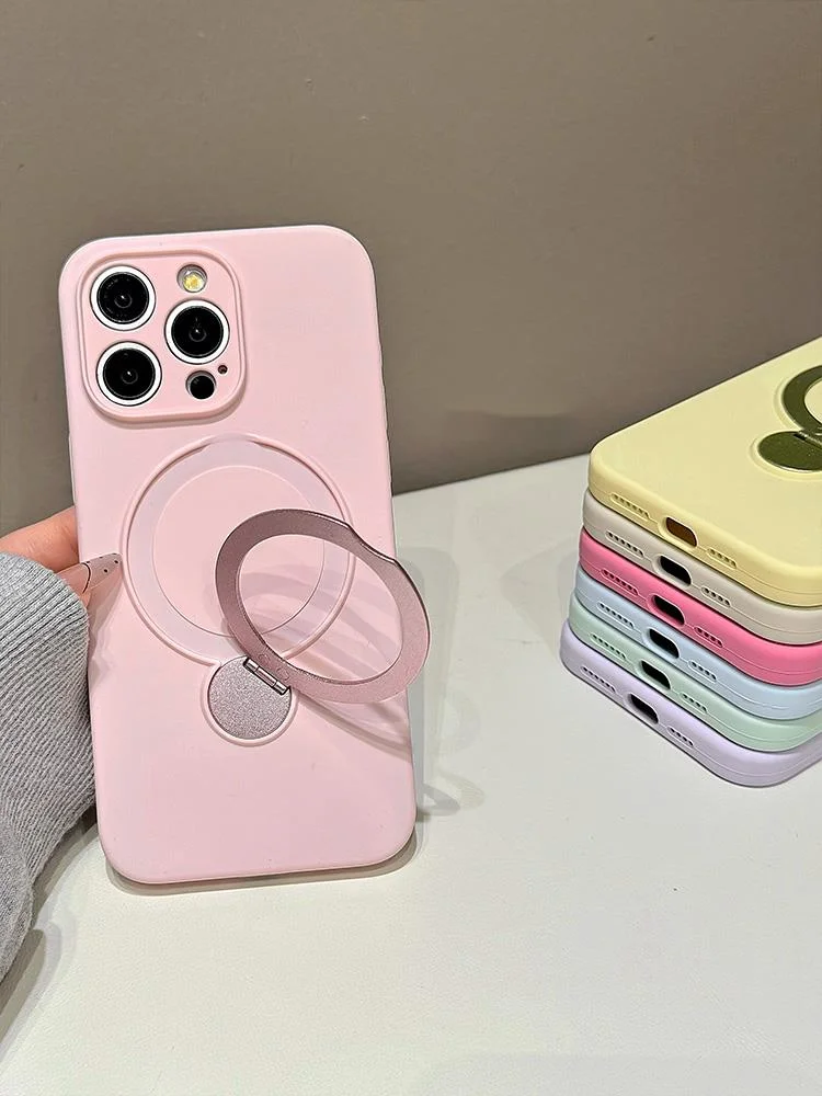 Premium solid color magnetic rotating folding stand suitable for 16 Promax phone case iPhone liquid silicone 15_voghion.com