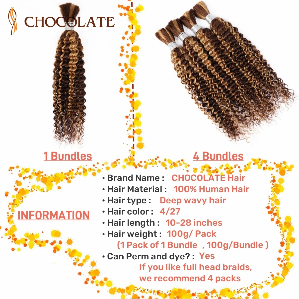 Human Braiding Hair Highlight 4/27 Color Deep Wave Bulk Curly Human Hair For Boho Braids 100% Unprocessed Brazilian