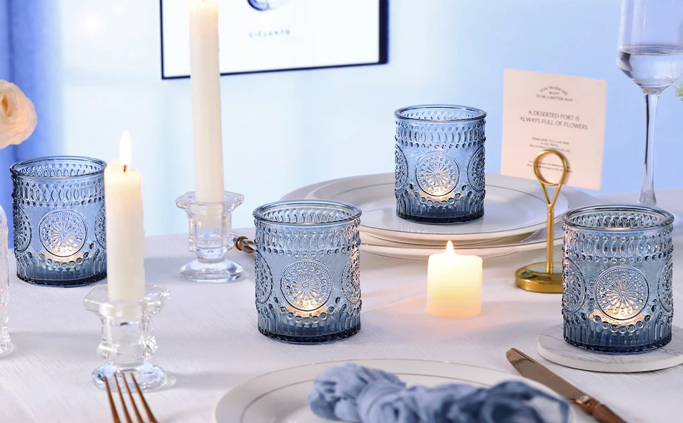 blue empty candle jars larger tealight votive candle holders wedding home party table centerpiece