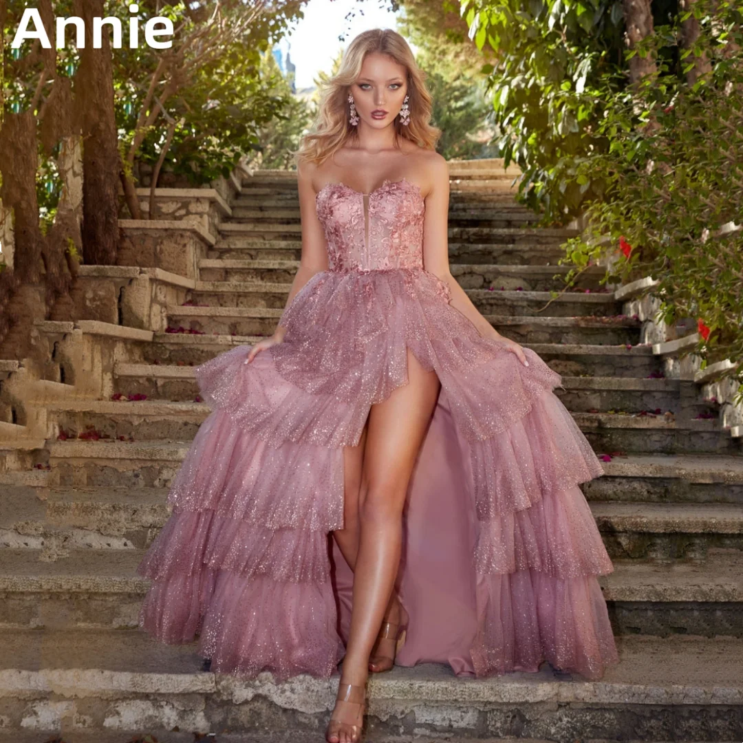 

Annie Lace Embroidery Appliqué Prom Dresses Pink Glitter Tulle Sexy Side Slit Special Occasion Party Dresses Vestidos De Noche