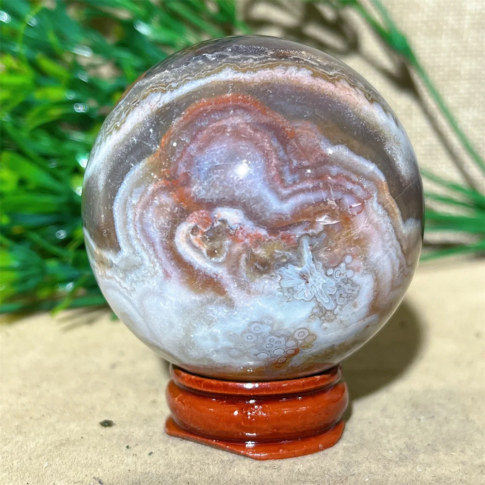 Crystal Natural Mexican Agate Sphere Ball Quartz Stone Mineral Beauty Gemstones Minerals Ornaments Home Decoration+Stand 6