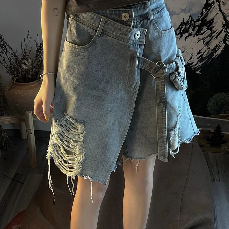 Vintage Irregular Ripped Bermuda Jeans Shorts Women High Street High Waist Wide Leg Hollow Out Denim Shorts Trendy Y2K 2024 New