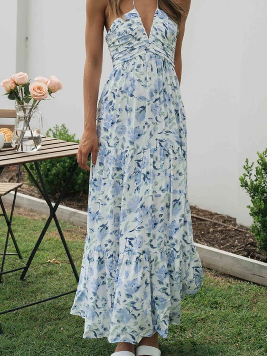 

Women Beach Maxi Dresses Spaghetti Straps Halter Neck Tie Up Backless Flowy A Line Dress Summer Cocktail Party Long Dress