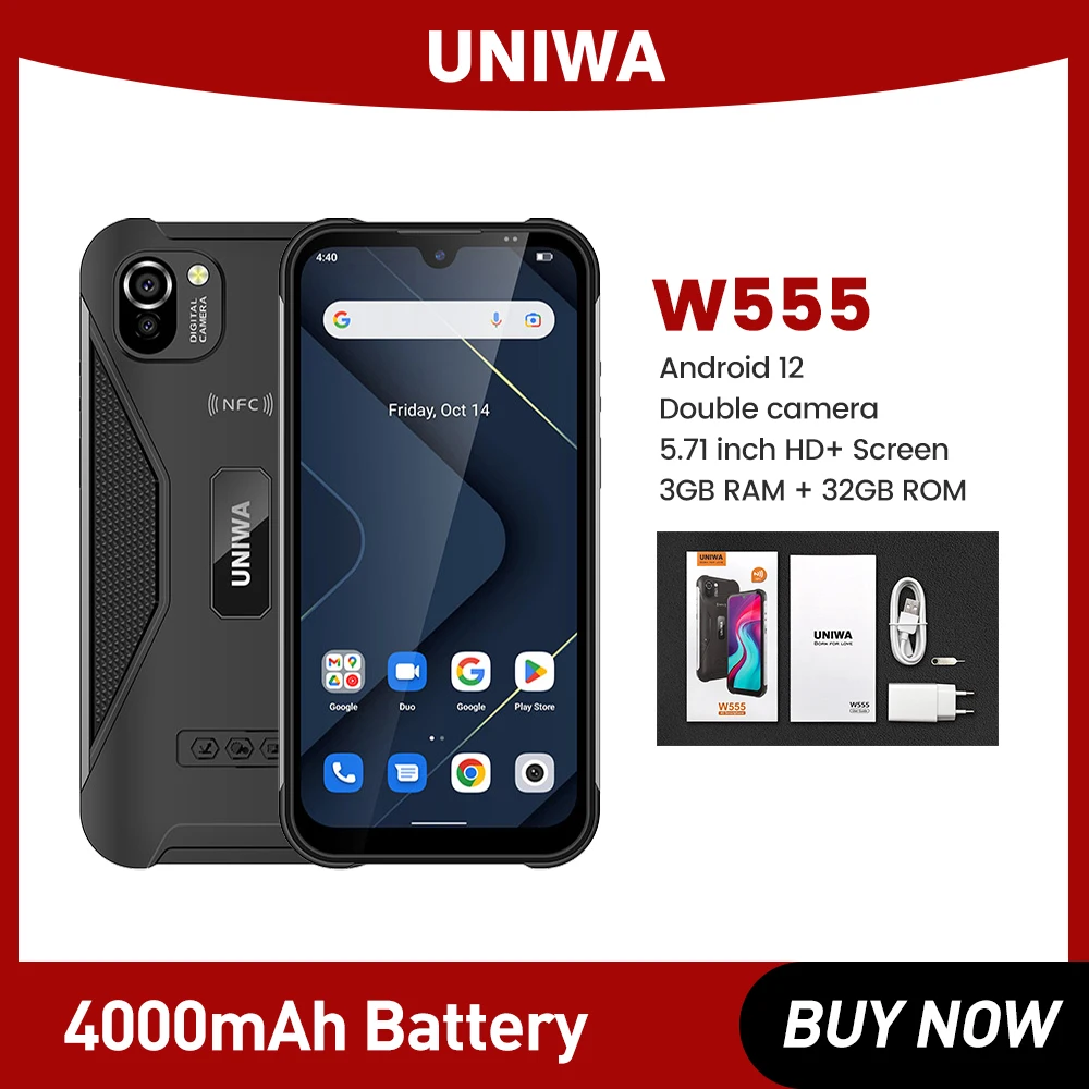 uniwa m512 smartphone 5 7 inch android 12 mobile phone 13mp ip65 4100mah 4gb 64gb octa core cellphone UNIWA W555 Smartphone 4G Cellphone 3G RAM 32G ROM Android 12  5.71 Inch  Quad Core Mobile Phone 4000mA NFC