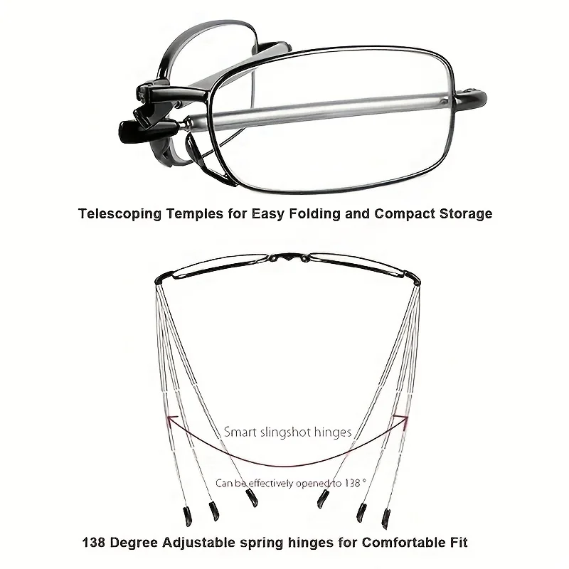 Unisex Foldable Reading Glasses for Presbyopia Spring Hinge Computer Screen Friendly Protective Case