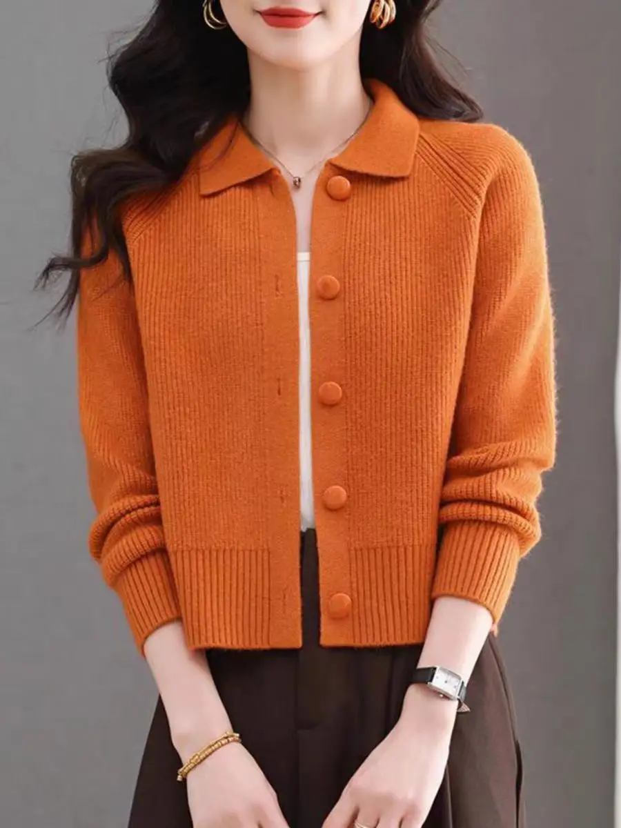 Women's Knitted Cardigan Short High Waist  Collar Casual Outerwear Fashionable Autumn Winter New Style Small Size Friendly - 4