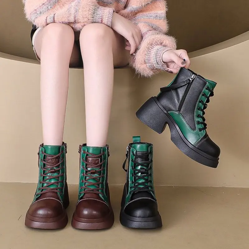 Retro Platform Women Shoes Wedge High Heels Women Spring Hidden Heel Pumps Leather Casual Slippers For Women 2024 New Autumn