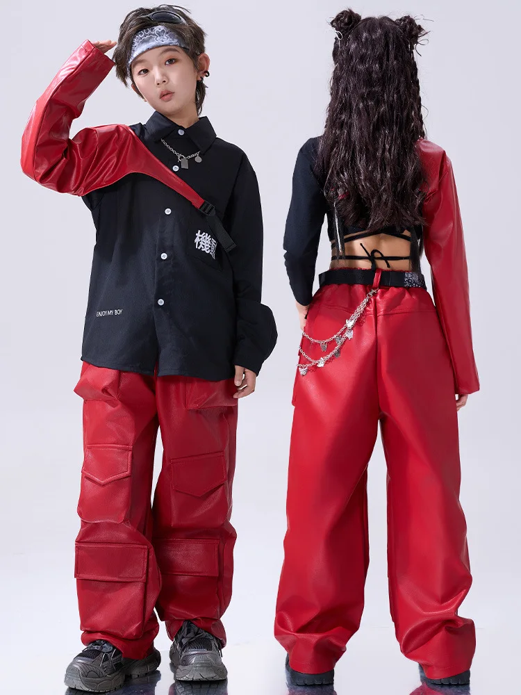 Girls Red Hip Hop Costume Crop Top Red Arm Covers Leather Pants for Boys Kids Jazz Clothes Street Dance Stage Set