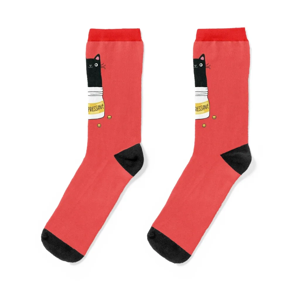 FUR ANTIDEPRESSANT . Cute black cat illustration. A gift for a pet lover. Socks christmas stocking Socks Girl Men's