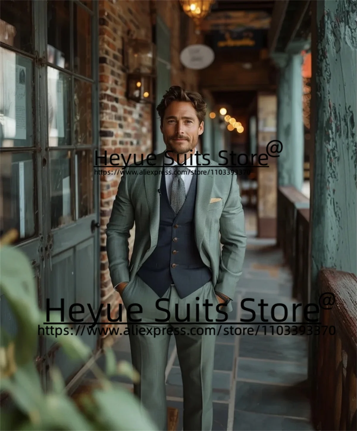 Army Green Elegant Suits For Men Slim Fit Notched Lapel Groom Formal Tuxedos Wedding 3 Pcs Sets Business Jacket+Blue Vest+Pants