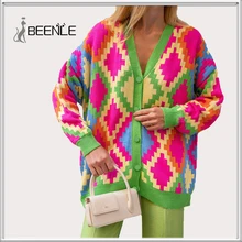 

BEENLE Version of The V-neck Pattern Color-blocking Knitted Cardigan Jacket Sweater Classic All-match