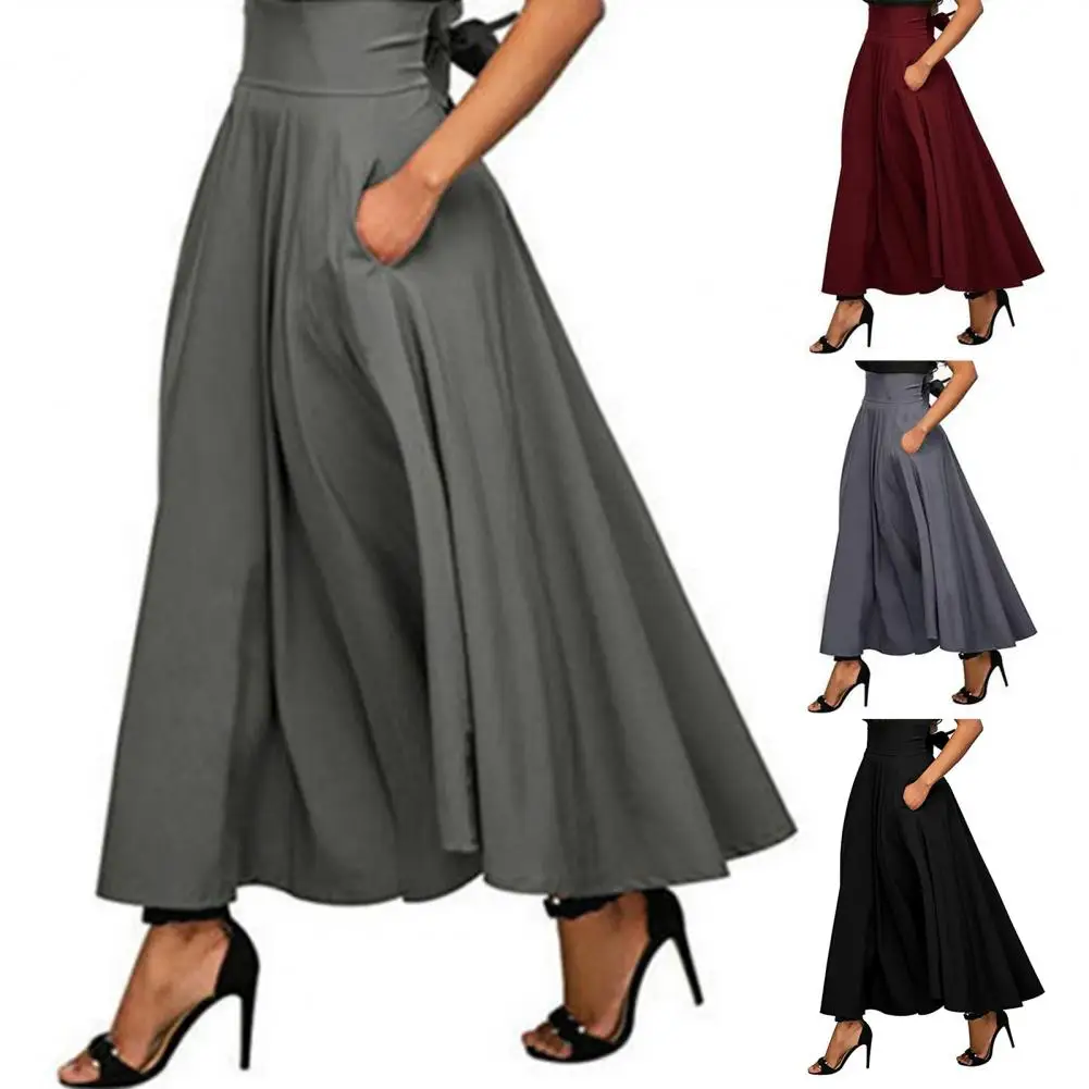 New Boho Vintage Women Pleated Maxi Skirts High Waist Bandage Bownot Party Solid Color Ladies Elegant Pleated Maxi Skirt Clothes