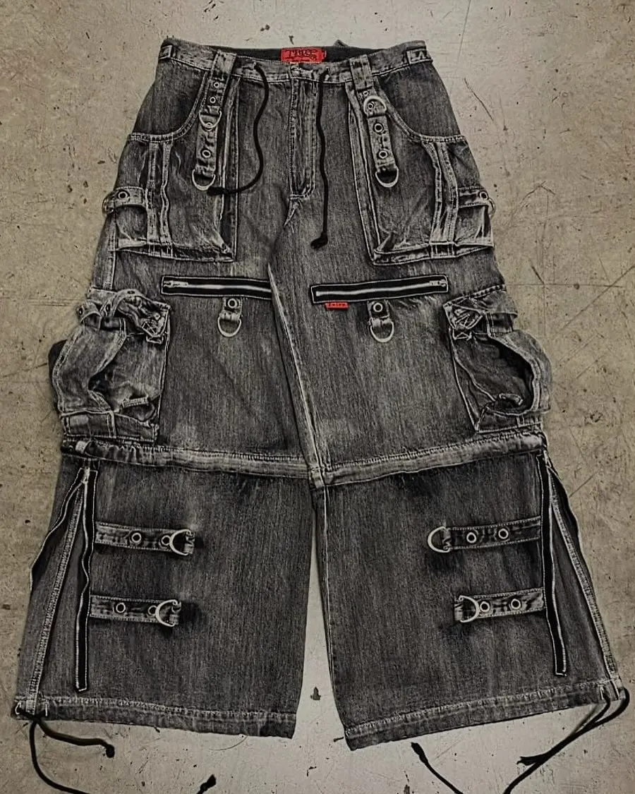 Mens Jeans Streetwear Vintage Heavy Duty Y2K Hip Hop Multi Pockets Distressed Washed Ripped Loose Oversized Wide Leg Pants