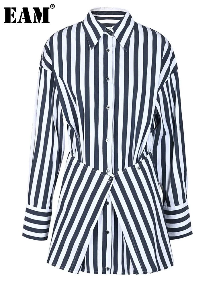 

[EAM] Women Blue Striped Irregular Big Size Blouse New Lapel Long Sleeve Loose Fit Shirt Fashion Tide Spring Autumn 2024 CP2010