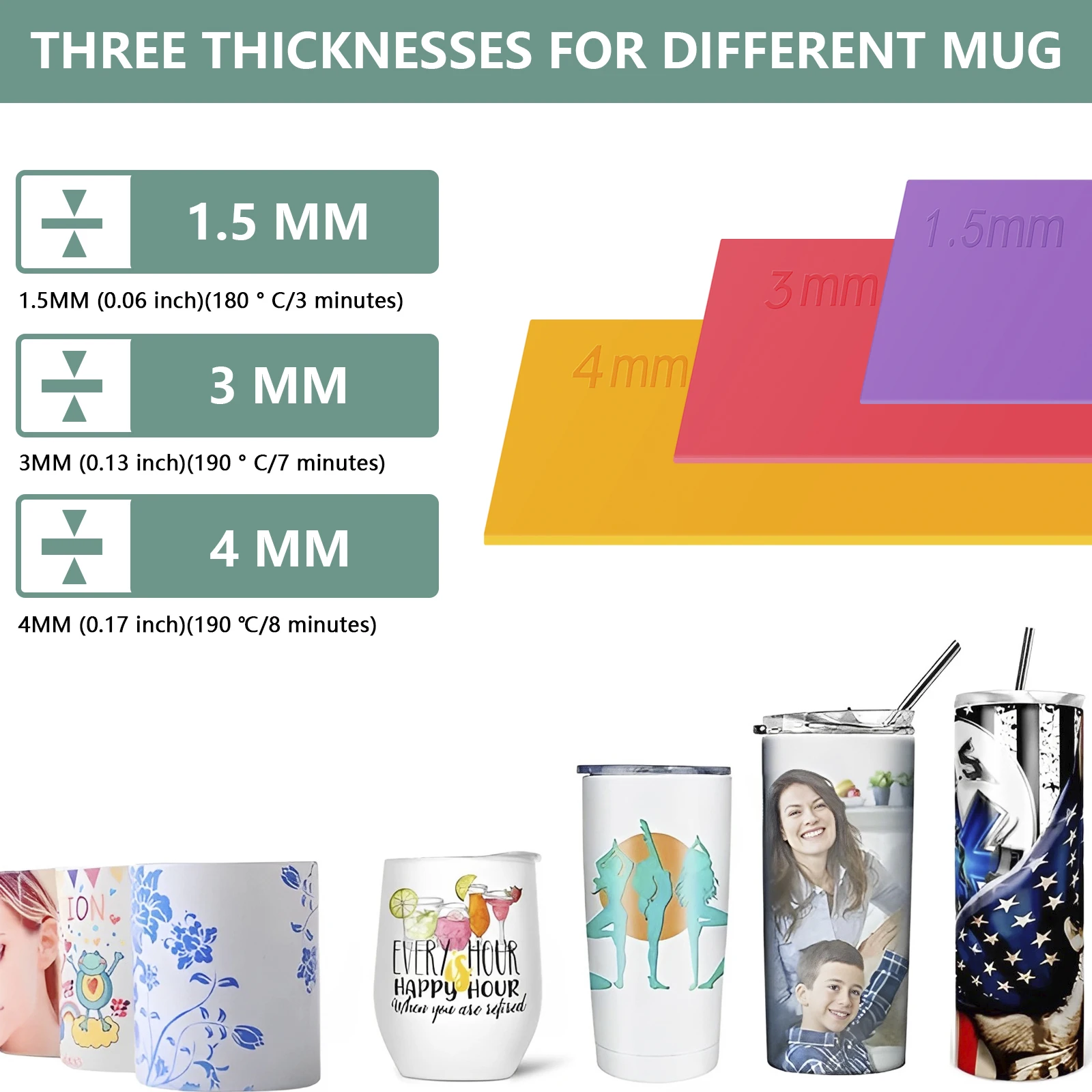 3pcs Sublimation Tumblers Wraps, Silicone Mug Tumbler Wraps in 3 Thickness Mug Press Machine Tumblers Blanks Sublimation