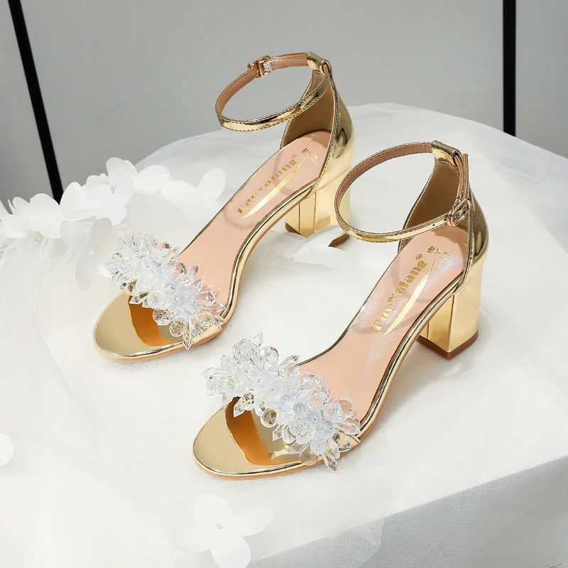 

2024 Crystal Beads Metallic Gold Summer Casual Sandals Round Toe Sandals Thick Heel Sandals Open Toe women's shoes fashion shoes