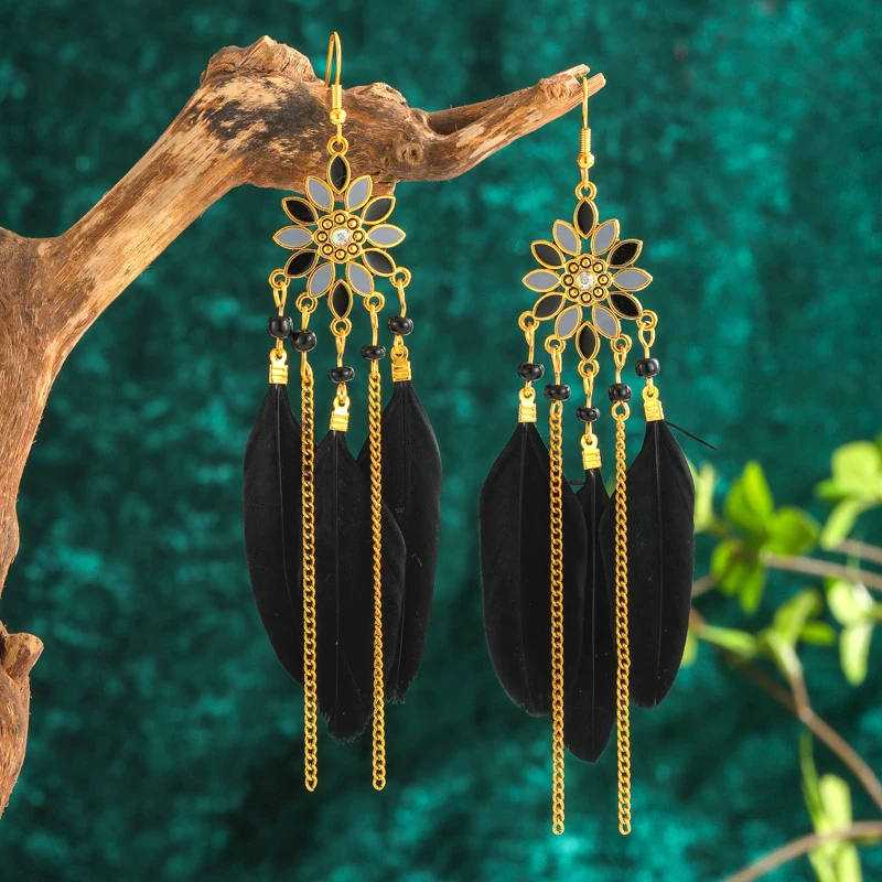 Bohemian 14K Gold Plated Feather Fringe Earrings - Teardrop Dangle Earrings With Colorful Beads