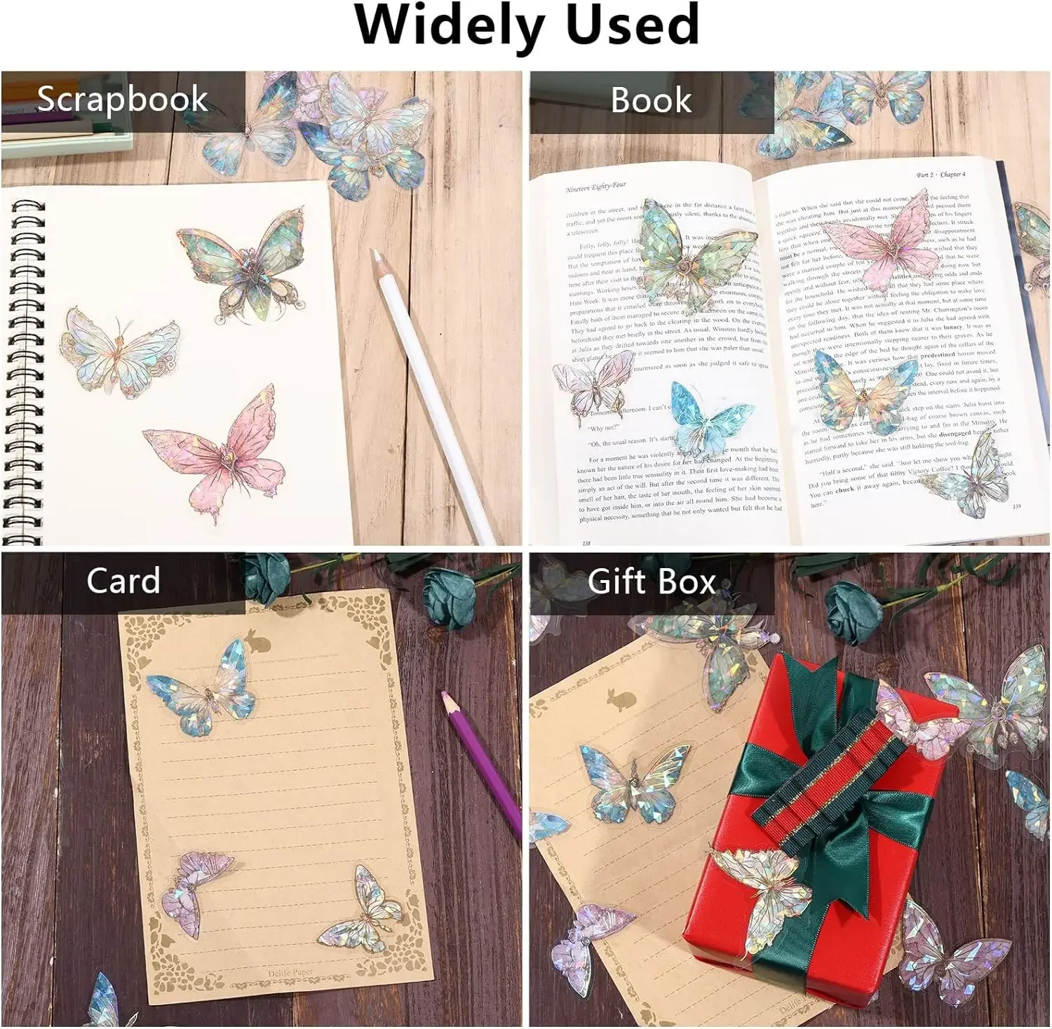 3D Holographic Butterfly Stickers 20PCS Ice Crystals Shiny Butterflies PET Stickers Retro DIY Handbook Scrapbooking Label Diary