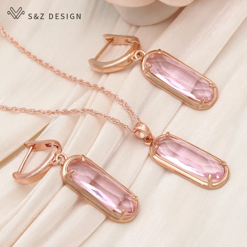 S&Z DESIGN New Fashion 585 Rose Gold Color Egg Shape Oval Cubic Zirconia Dangle Earrings Jewelry Sets For Women Wedding Necklace