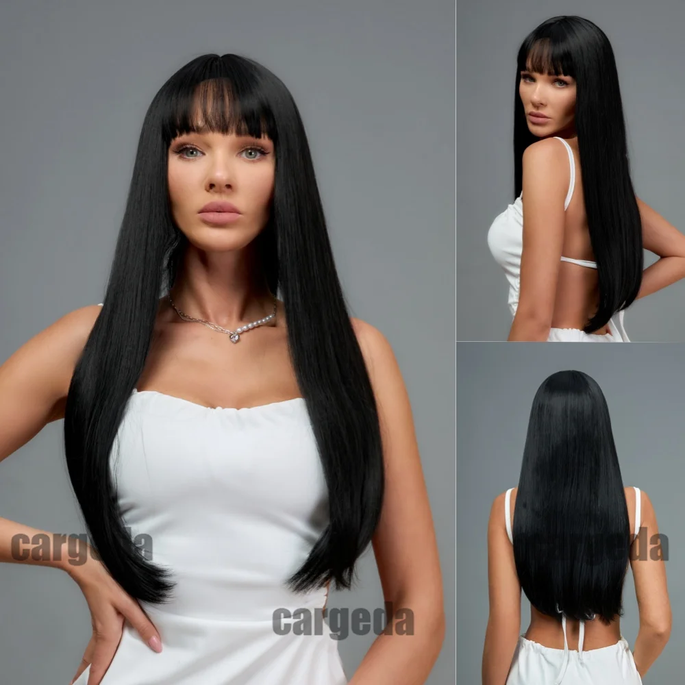 

Синтетический парик для женщин, черный струйный, с челкой, повседневные длинные прямые волосы, Модный женский парик, высокотемпературная шелковая накладка на голову