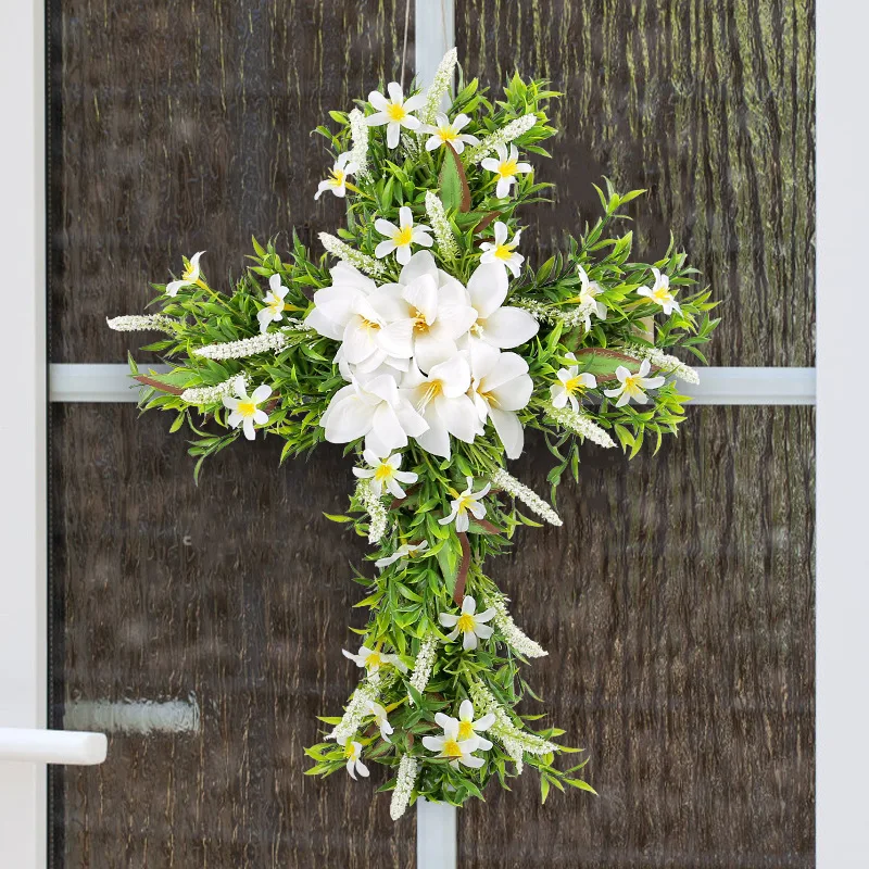 

Easter Cross Green Wreath Hanging Artificial Lily Spring Wreath Front Door Home Window Wall Decor