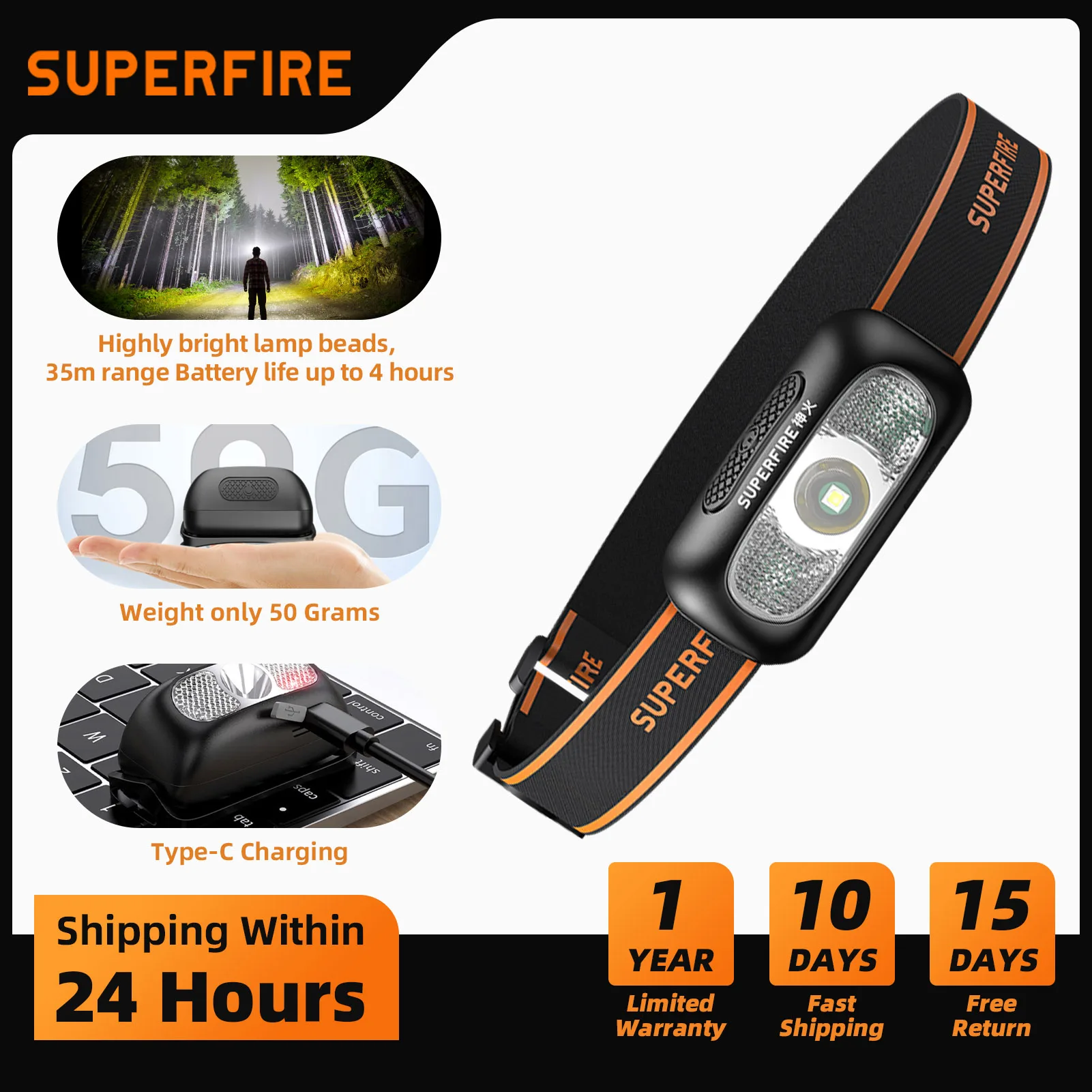 SUPERFIRE mini frontale puissante USB pêche - Capteur mouvement étanche pour pêche travail