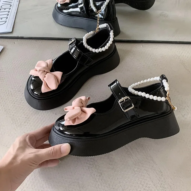 Women's Banquet Bowknot Thick-soled Shoes Spring and Autumn Fashion New Round Toe Solid Color Casual Mary Jane Shoes 2
