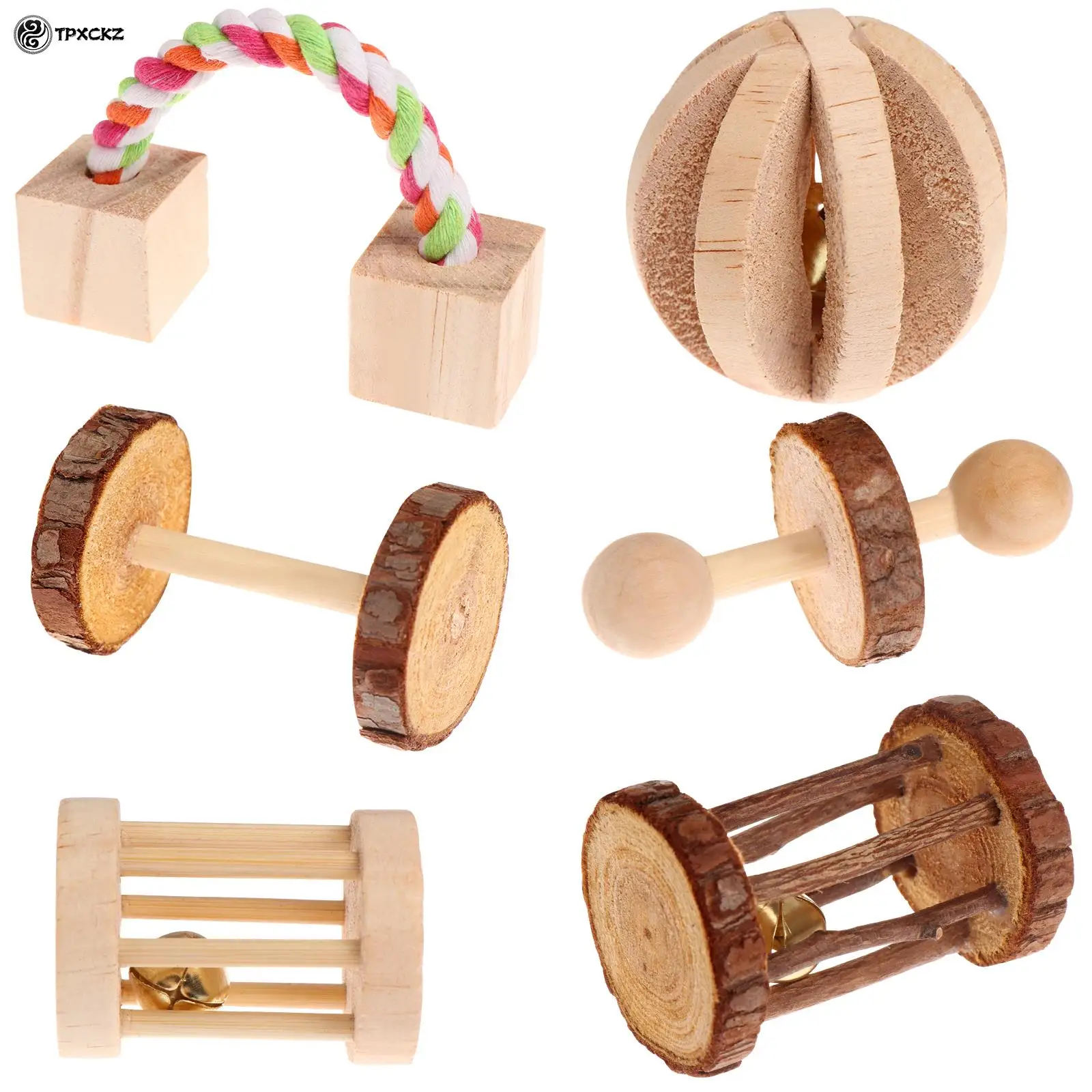6 sztuk/zestaw chomik naturalnie drewniane gryzaki szynszyla akcesoria do klatek zabawki króliczki drewniane hantle ćwiczenia Bell Roller
