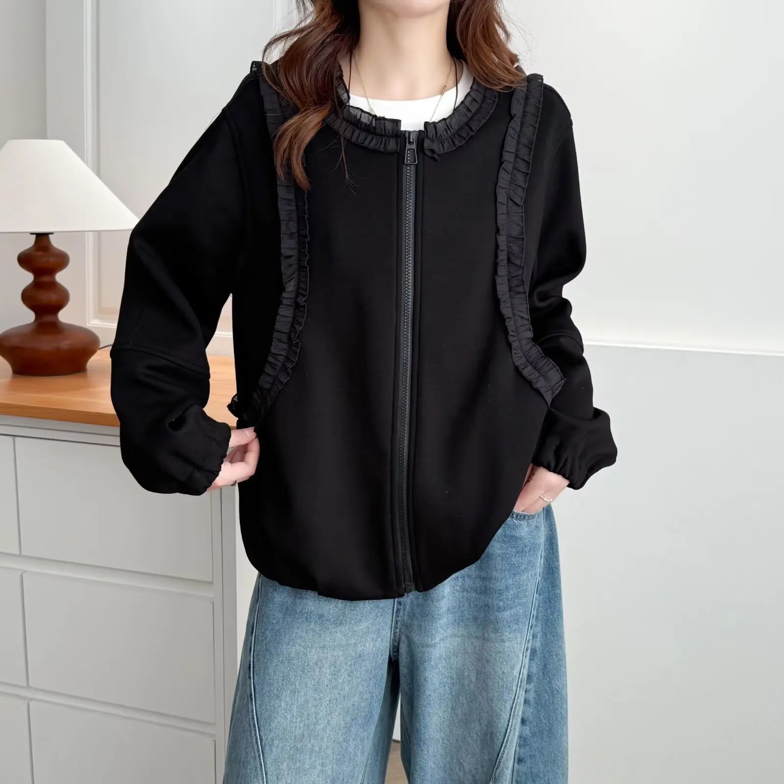 XXXXL Fashion Plus Size Women's Fleece Jacket Autumn And Winter New Korean-style Lace Ruffled Coat 086