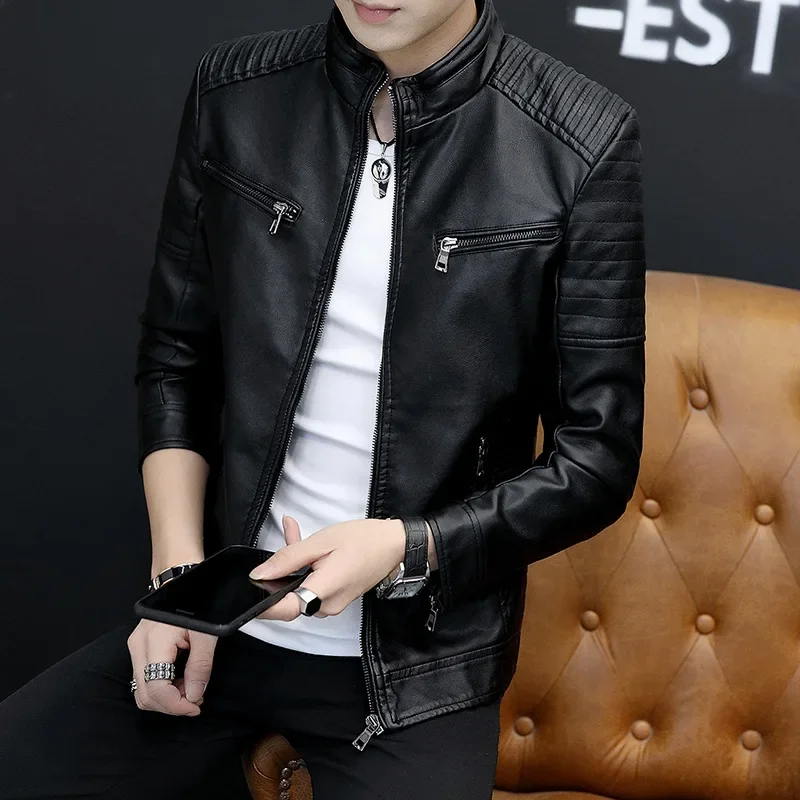 2024 Solid Color Cross-border Leather Jacket For Men Trendy Motorcycle Vest Windproof Slimming Smooths Your Silhouette 1