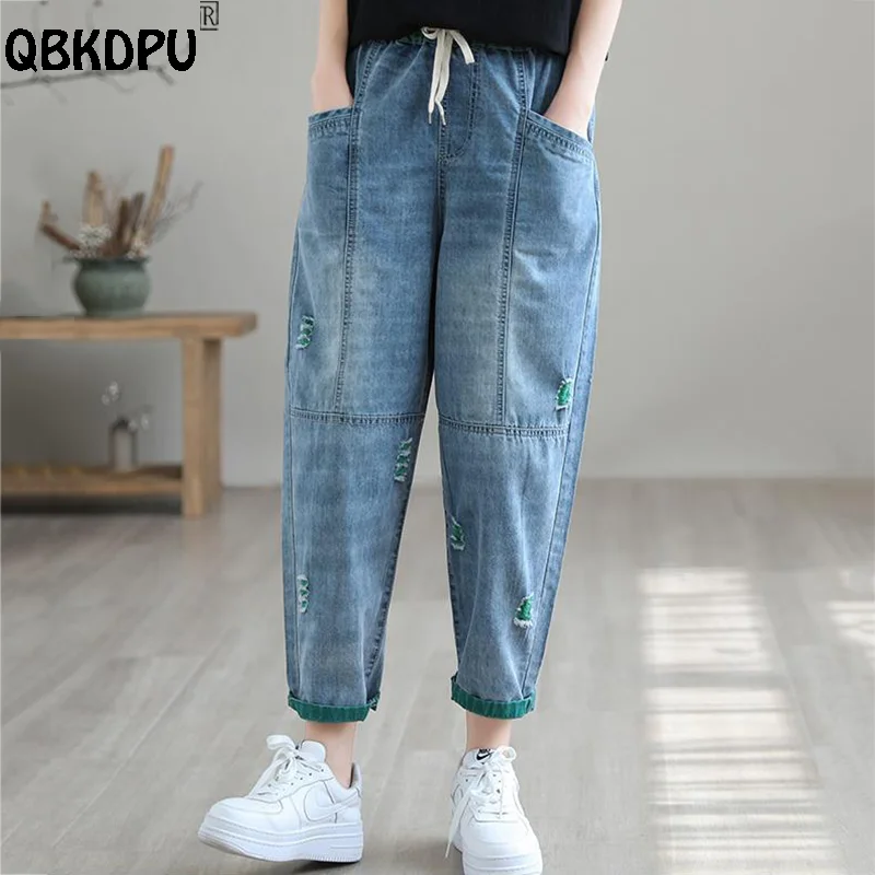 

Casual Drawstring Harem Jeans Women Ankle Length Elastic High Waist Streetwear Vaqueros BF Oversize Jogger Baggy Denim Pants