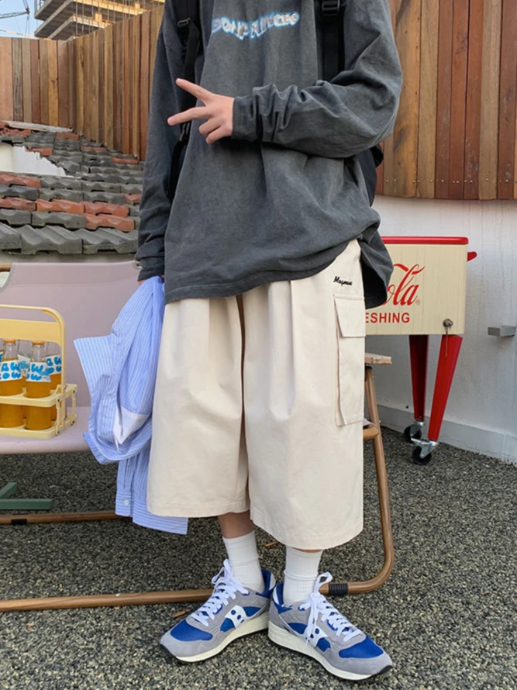 Japanese Streetwear Beige Cargo Capri Pants Women Harajuku Hippie Pockets Oversize Wide Leg Trousers Jogging Summer