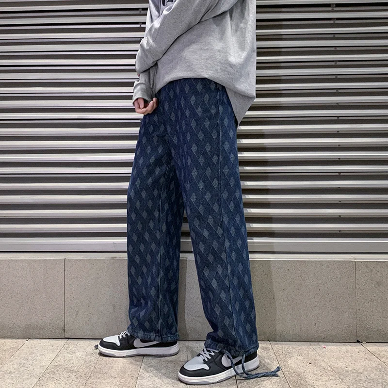 

Spring New Men's Plaid Print Blue Straight Denim Wide-leg Pants Streetwear Elastic Waist Baggy Jeans Korean Style Trousers Male