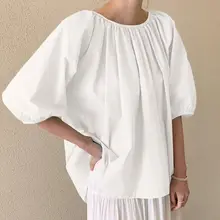 

VONDA Casual Chemise Shirts Women Half Sleeve Crew Neck Blouse Female Clothing Casual Baggy Pleated Tops Oversize O Neck Blusas