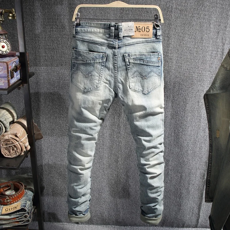 Fashion Designer Men Jeans Retro Light Blue Stretch Slim Fit Ripped Jeans Men Korean Style Embroidery Vintage Casual Denim Pants