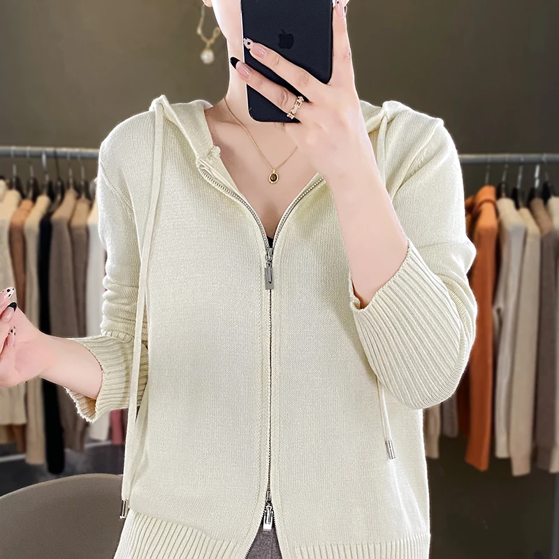 Classic hoodie Women Knitwear 100% All cotton Cardigan Fashion Sweater Long sleeves Double Zipper Style Thick Warm Basics Tops 5