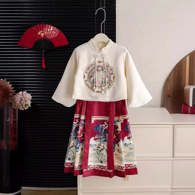 

New2024Children'S Horse-Face Skirt Style Girls' Han Chinese Costume Spring And Autumn Dress Super Fa