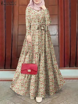 ZANZEA Muslim Hijabis Ditsy Floral Tiered Maxi Dress Women Modest Elegant Long Sleeve Tie-Waist A-line Vestidos Islamic Abaya