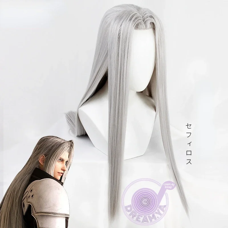 

Парик для косплея Sephiroth из аниме FF7 VII, переделка серебра, 100 см, длинные прямые синтетические волосы, Хэллоуин, фотосессия, карнавал + шапочка для парика