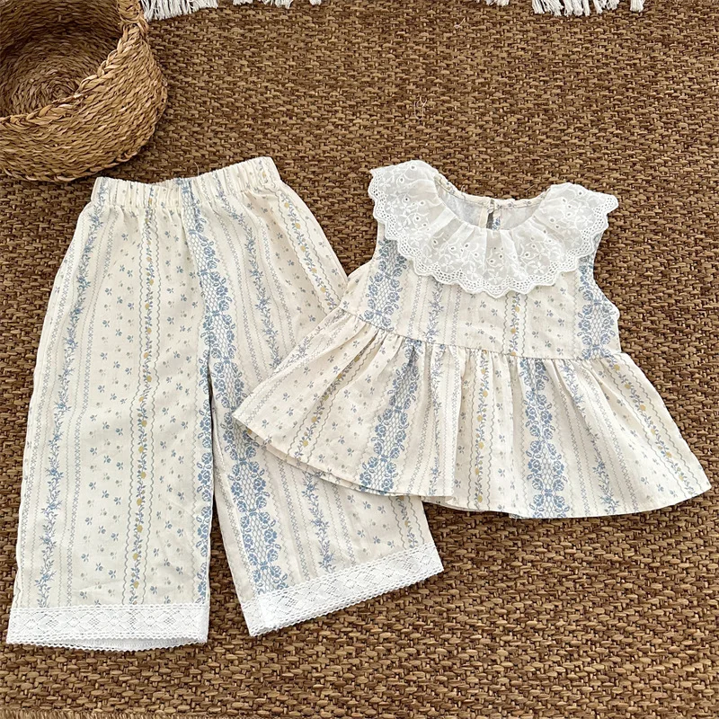 

2024 New Summer Korean Style 1-6Yrs Baby Girls Clothing Set Sleeveless Cotton Flower Printed Top+Pants Baby Girl Clothes Suit